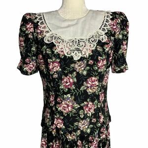 Vintage Floral Midi Dress M Black Lace Cottagecore